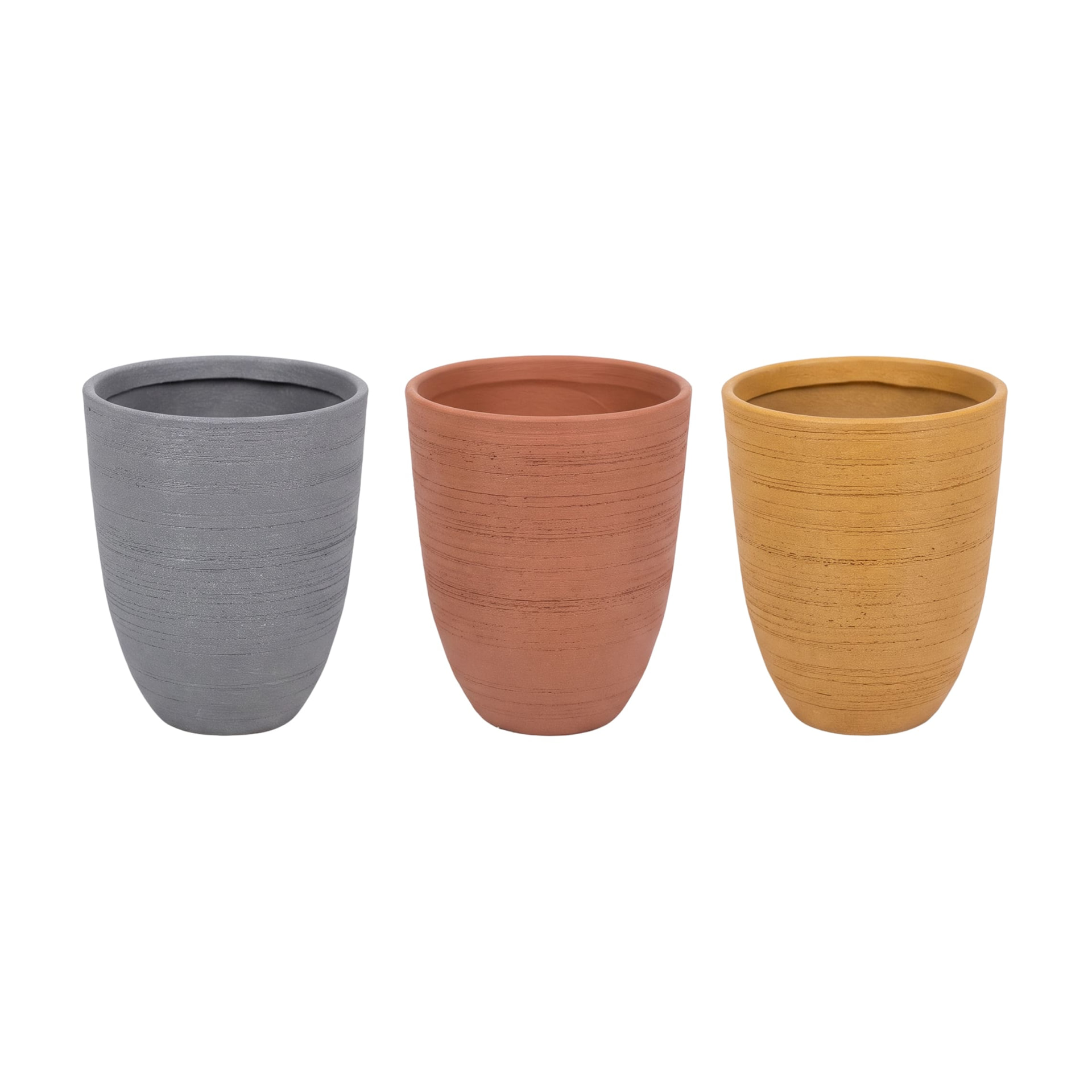 Drie keramieken potten van Van Lokken in grijs, terracotta en okergeel